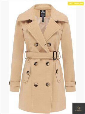 Double Breasted Pea Coat Winter Trench Coat with Belt Fitted Classic Chic